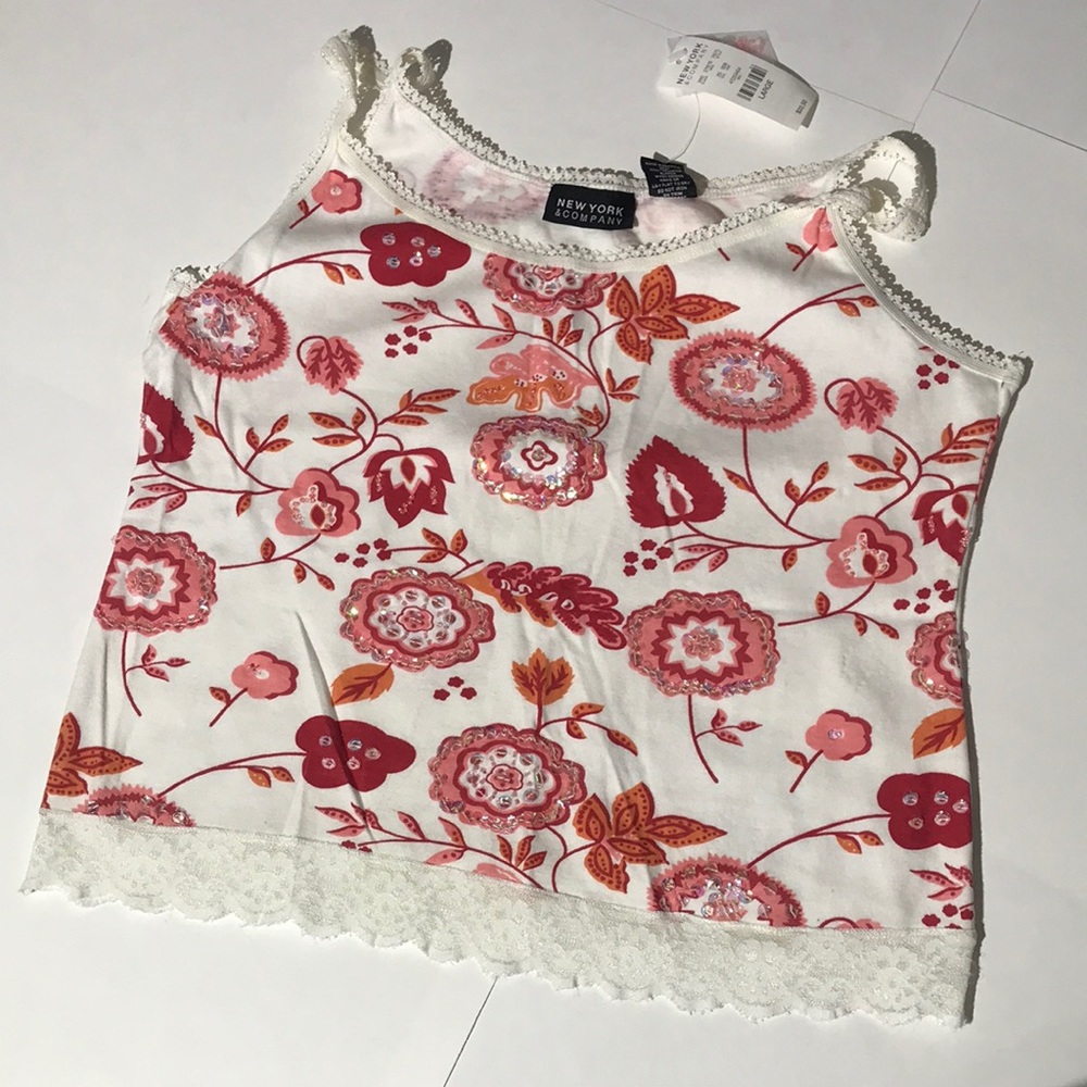 New York & Company floral tank top with sequins NEW sz large red orange cami